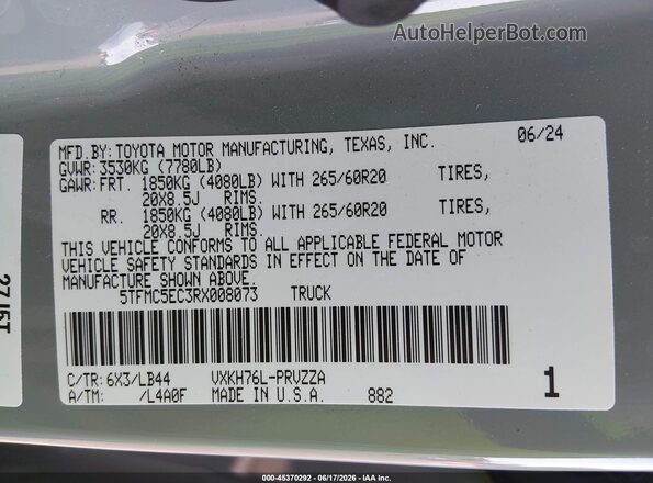 5TFMC5EC3RX008073 2024 TOYOTA TUNDRA HYBRID Gray ძრავის განყოფილების ხედი
