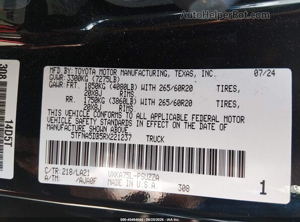 5TFNA5DB5RX221237 2024 TOYOTA TUNDRA Black Engine compartment view