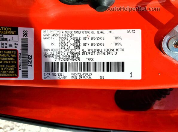 5TFPC5DB1PX024596 2023 TOYOTA TUNDRA Orange ძრავის განყოფილების ხედი