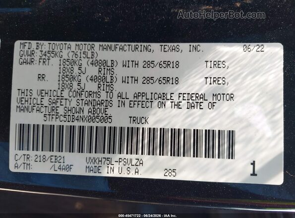 5TFPC5DB4NX005005 2022 TOYOTA TUNDRA HYBRID Black Widok komory silnika
