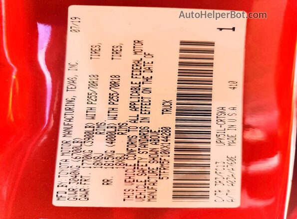 5TFRM5F10KX144280 2019 TOYOTA TUNDRA Красный Вид подкапотного пространства