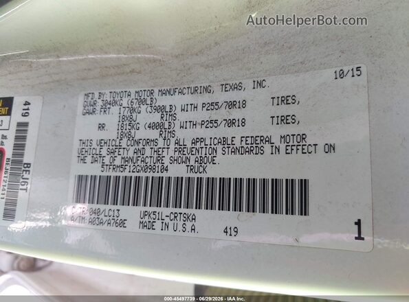 5TFRM5F12GX098104 2016 TOYOTA TUNDRA Белый Вид подкапотного пространства