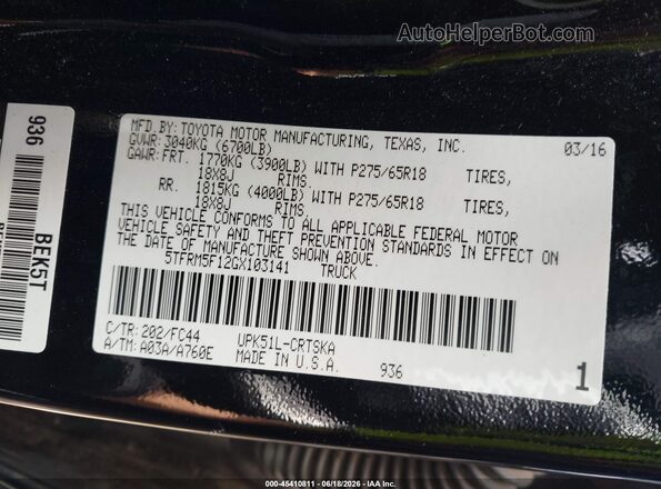 5TFRM5F12GX103141 2016 TOYOTA TUNDRA Black Widok komory silnika