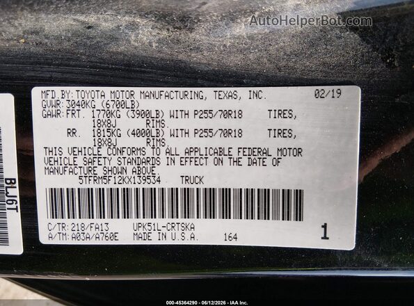 5TFRM5F12KX139534 2019 TOYOTA TUNDRA Black ძრავის განყოფილების ხედი