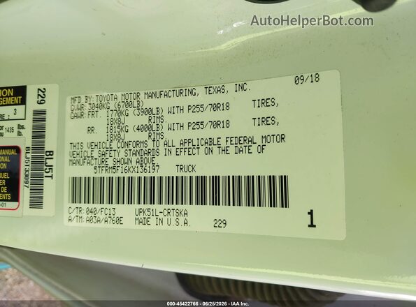 5TFRM5F16KX136197 2019 TOYOTA TUNDRA White Շարժիչի բաժամունքի տեսք