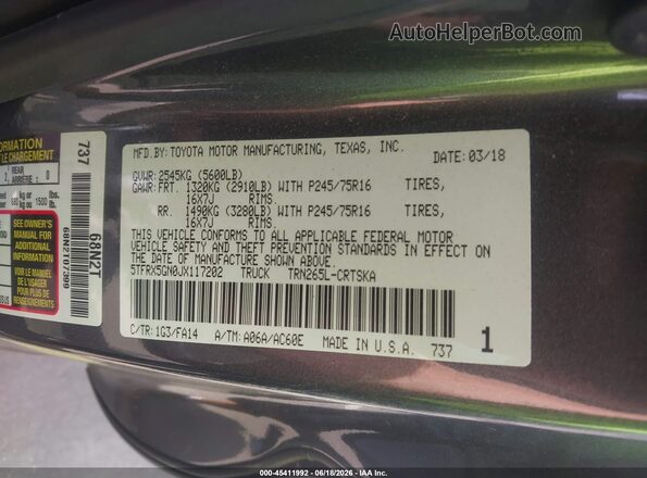 5TFRX5GN0JX117202 2018 TOYOTA TACOMA Gray Engine compartment view