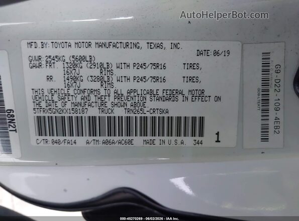 5TFRX5GN2KX158187 2019 TOYOTA TACOMA White 