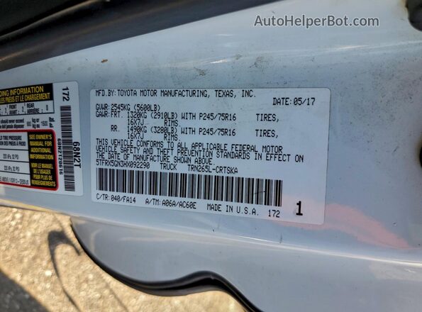 5TFRX5GN3HX092290 2017 TOYOTA TACOMA White Vista del compartimento del motor