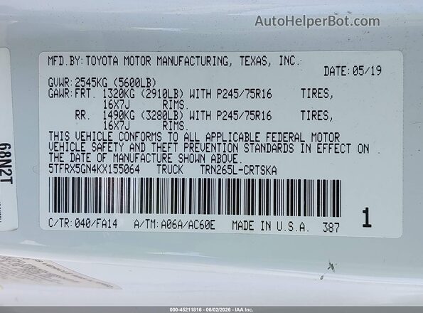 5TFRX5GN4KX155064 2019 TOYOTA TACOMA White Engine compartment view