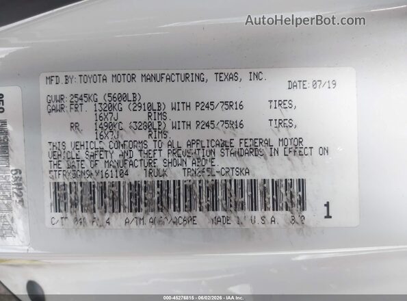 5TFRX5GN9KX161104 2019 TOYOTA TACOMA White Widok komory silnika