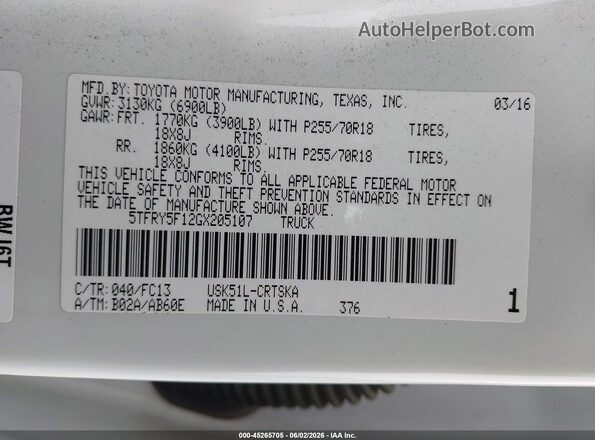 5TFRY5F12GX205107 2016 TOYOTA TUNDRA Белый Вид подкапотного пространства