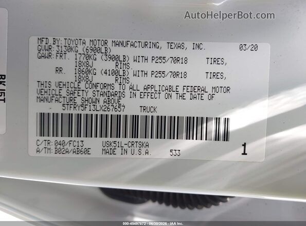 5TFRY5F13LX267657 2020 TOYOTA TUNDRA White Вид підкапотного простору