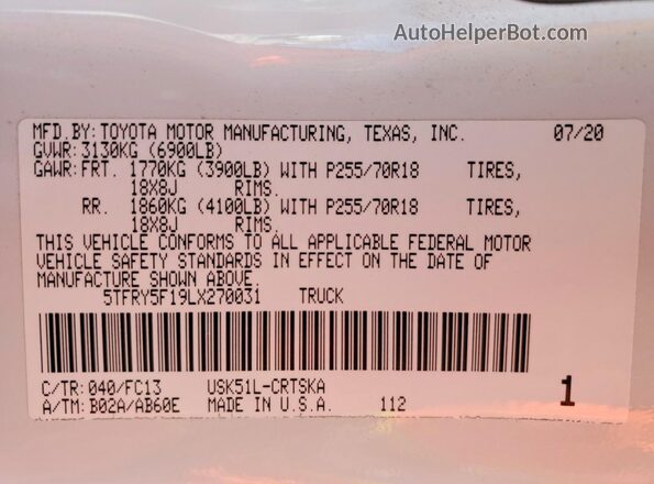 5TFRY5F19LX270031 2020 TOYOTA TUNDRA White Вид підкапотного простору