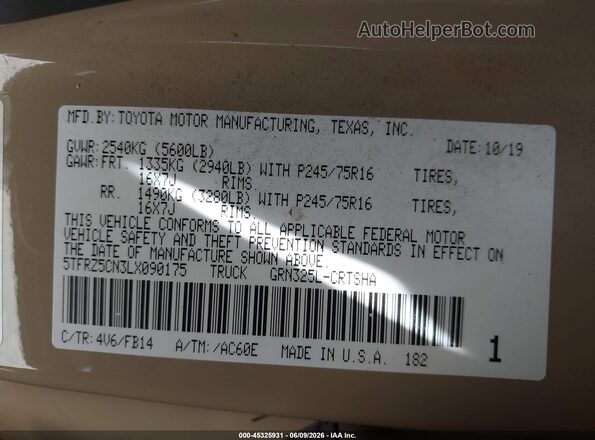 5TFRZ5CN3LX090175 2020 TOYOTA TACOMA Tan Vista del compartimento del motor