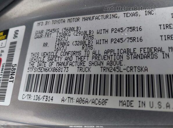 5TFSX5EN6KX068173 2019 TOYOTA TACOMA Silver Engine compartment view