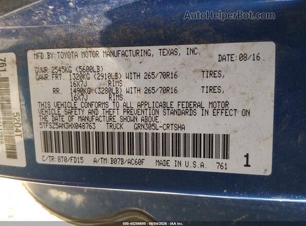 5TFSZ5AN3HX048763 2017 TOYOTA TACOMA Blue Engine compartment view