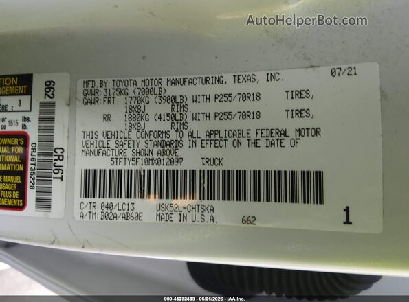 5TFTY5F10MX012097 2021 TOYOTA TUNDRA White Engine compartment view