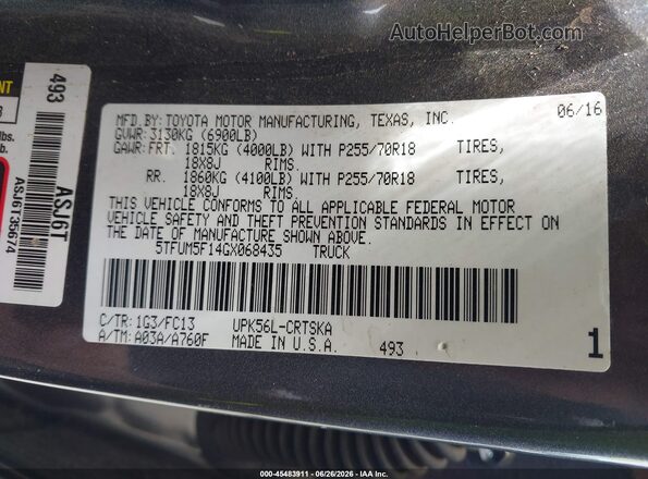 5TFUM5F14GX068435 2016 TOYOTA TUNDRA Gray Vista del compartimento del motor