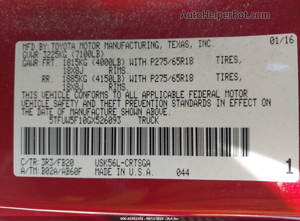 5TFUW5F10GX526093 2016 TOYOTA TUNDRA Red ძრავის განყოფილების ხედი