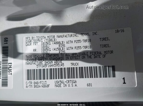5TFUW5F16HX595145 2017 TOYOTA TUNDRA White Vista del compartimento del motor