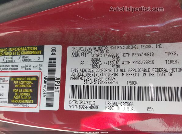 5TFUW5F19KX860244 2019 TOYOTA TUNDRA Red Vista del compartimento del motor