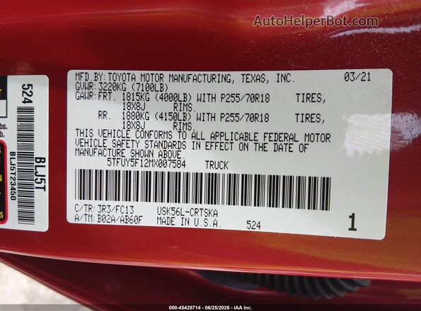 5TFUY5F12MX007584 2021 TOYOTA TUNDRA Red Շարժիչի բաժամունքի տեսք