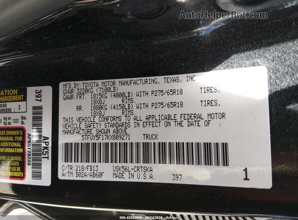 5TFUY5F17KX809271 2019 TOYOTA TUNDRA Black Widok komory silnika