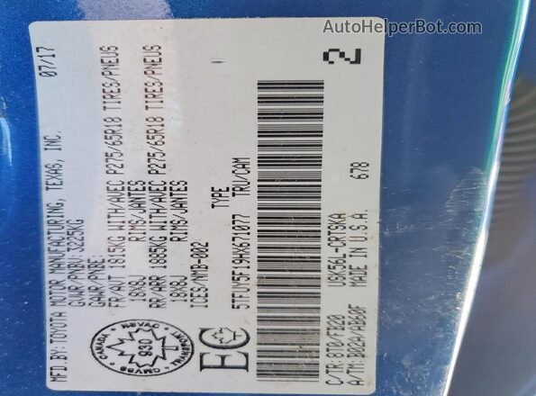 5TFUY5F19HX671077 2017 TOYOTA TUNDRA Blue VIN sticker view