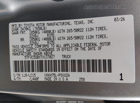 5TFVC5DBXTX137027 2026 TOYOTA TUNDRA HYBRID Silver Widok komory silnika