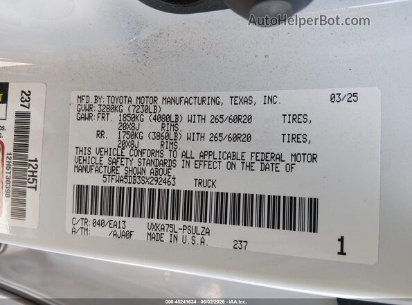 5TFWA5DB3SX292463 2025 TOYOTA TUNDRA White Вид підкапотного простору