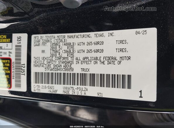 5TFWA5DB4SX308850 2025 TOYOTA TUNDRA Black Vista del compartimento del motor