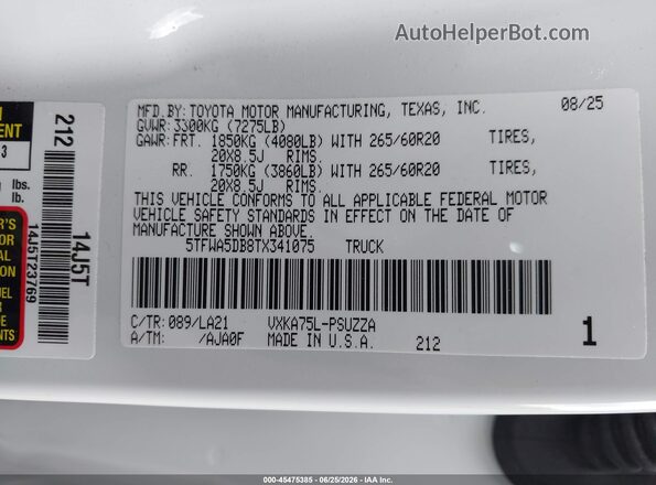 5TFWA5DB8TX341075 2026 TOYOTA TUNDRA White Շարժիչի բաժամունքի տեսք