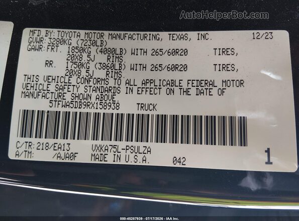 5TFWA5DB9RX158938 2024 TOYOTA TUNDRA Black Engine compartment view