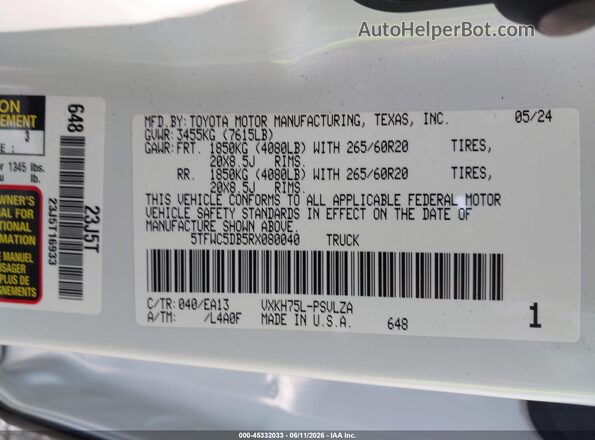5TFWC5DB5RX080040 2024 TOYOTA TUNDRA HYBRID White Շարժիչի բաժամունքի տեսք