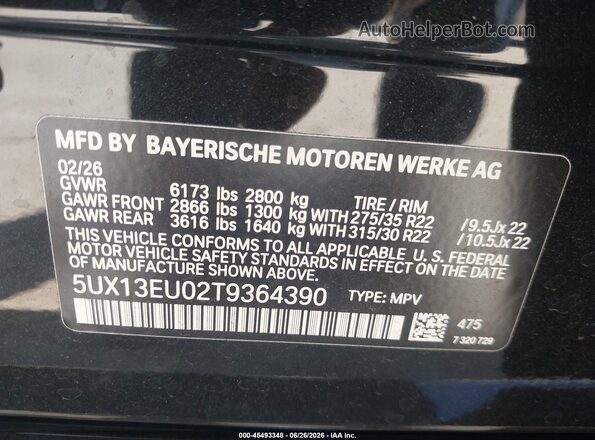 5UX13EU02T9364390 2026 BMW X5 Black Вид підкапотного простору