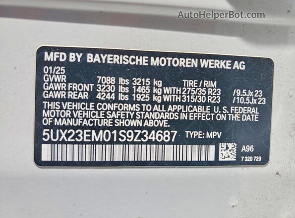 5UX23EM01S9Z34687 2025 BMW X7 Белый Панорамный вид салона 360°