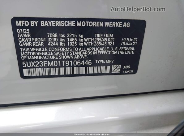 5UX23EM01T9106446 2026 BMW X7 White Widok komory silnika