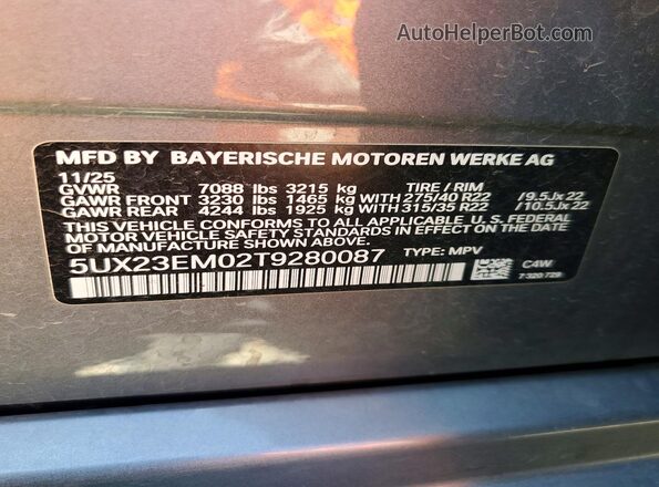 5UX23EM02T9280087 2026 BMW X7 Серый Вид наклейки с VIN-кодом