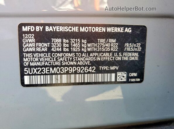 5UX23EM03P9P92642 2023 BMW X7 Gray 