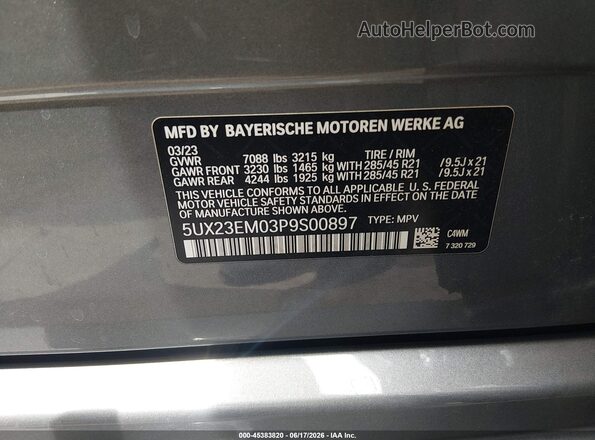 5UX23EM03P9S00897 2023 BMW X7 Gray ძრავის განყოფილების ხედი