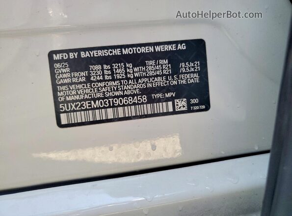 5UX23EM03T9068458 2026 BMW X7 White VIN կոդի պիտակի տեսք
