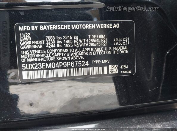 5UX23EM04P9P67524 2023 BMW X7 Black Շարժիչի բաժամունքի տեսք