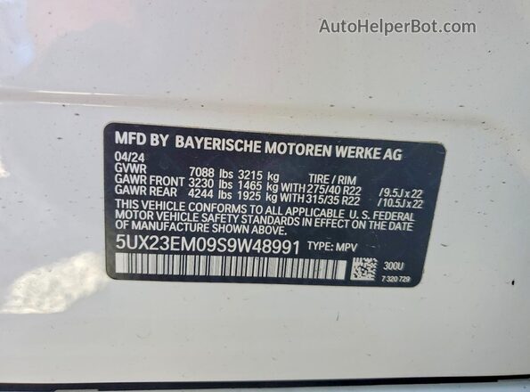 5UX23EM09S9W48991 2025 BMW X7 White Widok naklejki z numerem VIN