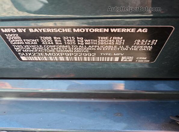 5UX23EM0XP9P22992 2023 BMW X7 Blue 360 interior view