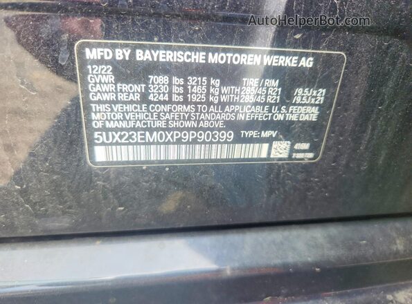 5UX23EM0XP9P90399 2023 BMW X7 Black Widok naklejki z numerem VIN