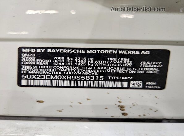 5UX23EM0XR9S58315 2024 BMW X7 White Вид наклейки з VIN-кодом