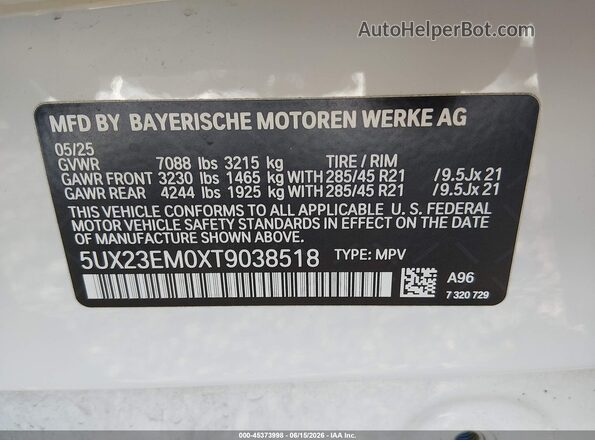 5UX23EM0XT9038518 2026 BMW X7 White Вид підкапотного простору