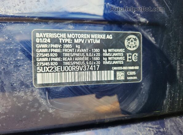 5UX23EU00R9V37417 2024 BMW X5 Blue VIN კოდის სტიკერის ხედი