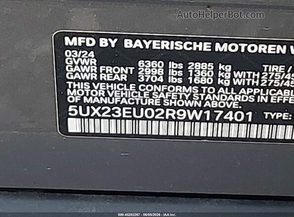 5UX23EU02R9W17401 2024 BMW X5 Gray Vista del compartimento del motor