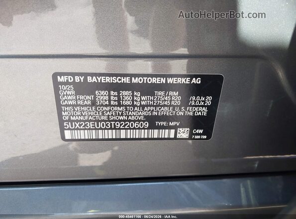 5UX23EU03T9220609 2026 BMW X5 Gray Вид підкапотного простору
